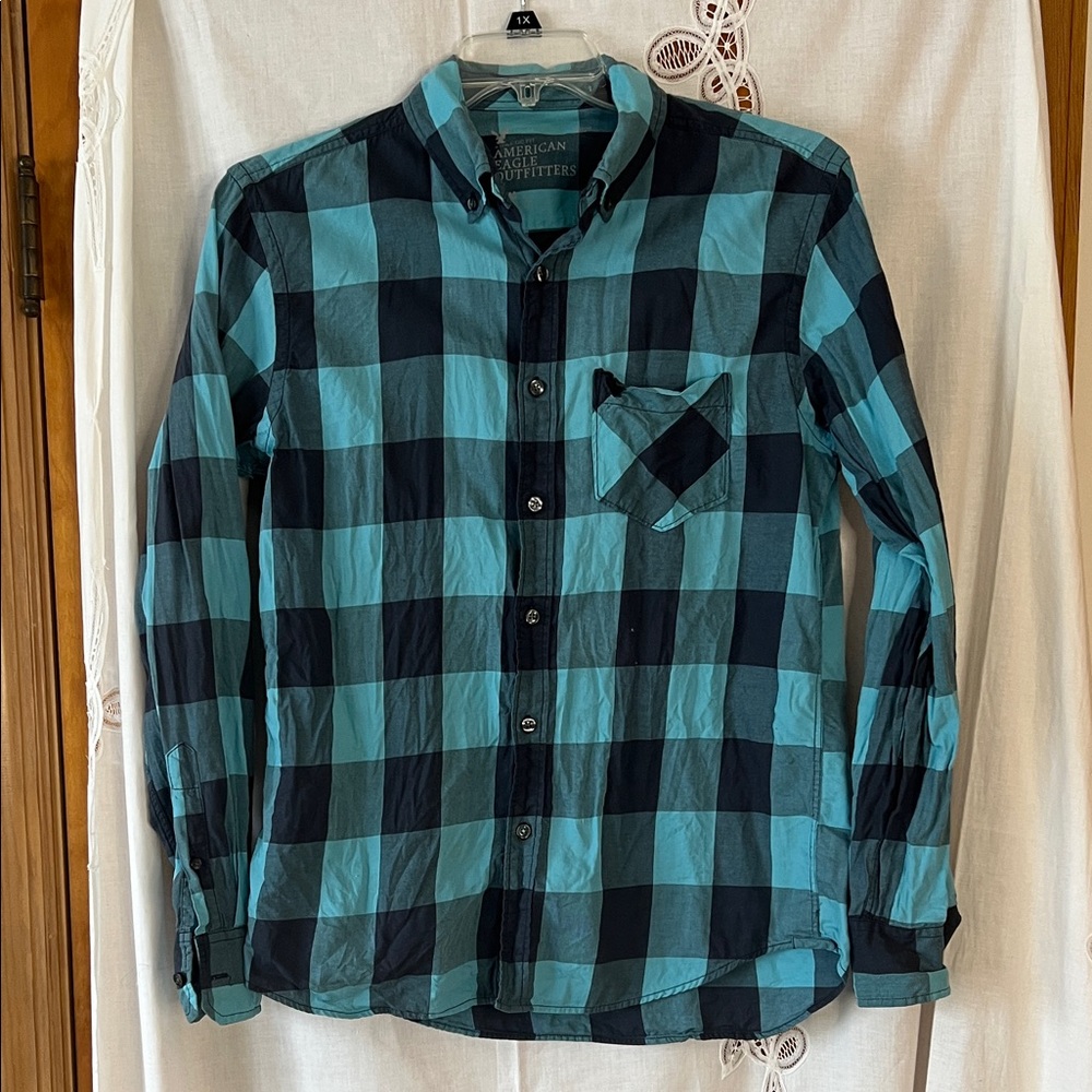 American Eagle Teal Black Plaid Button-Down M